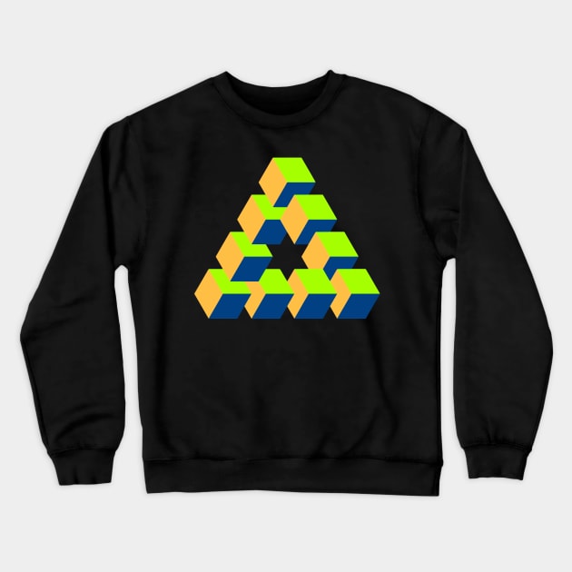 Cubes Optical Illusion in Green, Orange and Blue Crewneck Sweatshirt by Hot-Proper-Tees